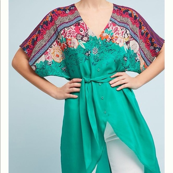 Anthropologie Tops - NWT Anthropologie Takato Silk Tunic Women’s Size 0 Green Floral